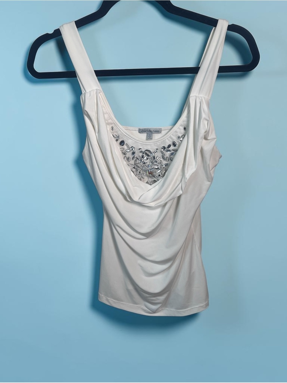 Charlotte Russe vintage cream Draped Tank with Jeweled Neckline